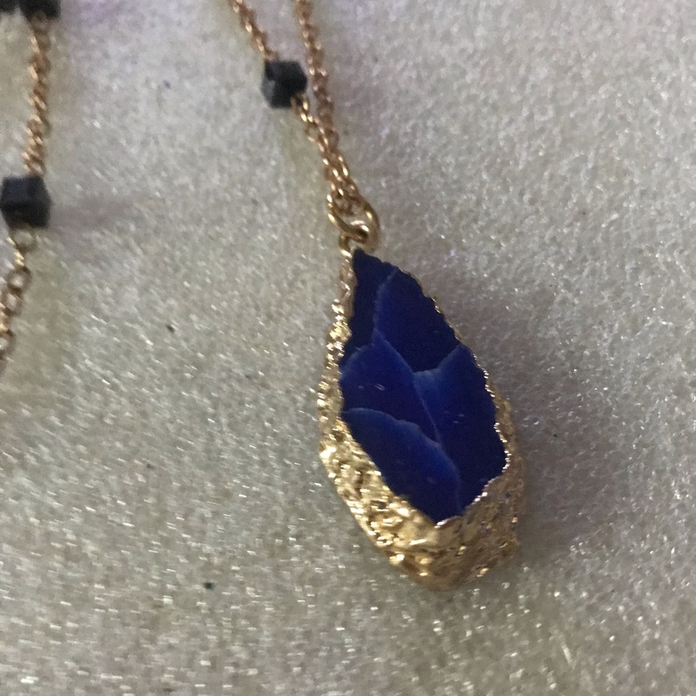 Gold-Trim Teardrop Blue Druzy Pendant Necklace - Women Jewelry